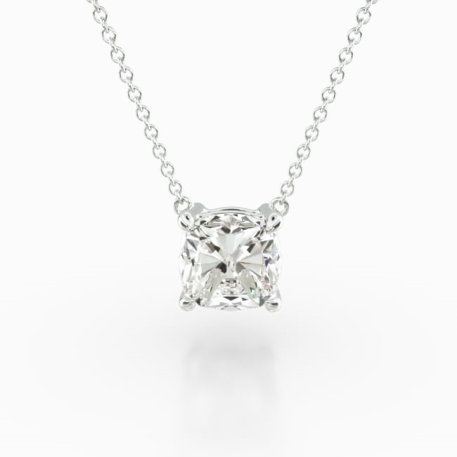 This light four prong wire basket is designed to showcase the unique characteristics of the cushion shaped diamond of your choice. This lovely solitaire pendant is attached to an 18" cable link chain. Truly a classic design that is perfect for any occasion. Center diamond or gemstone purchase required