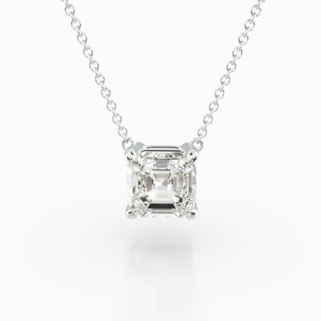 This light four prong wire basket is designed to showcase the unique characteristics of the asscher cut diamond of your choice. This lovely solitaire pendant is attached to an 18" cable link chain. Truly a classic design that is perfect for any occasion. Center diamond or gemstone purchase required