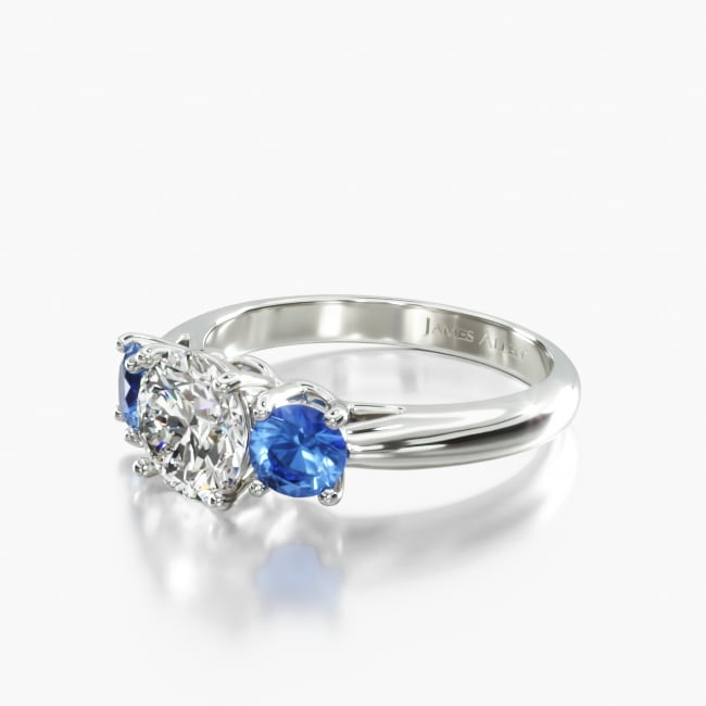 14K White Gold Three Stone Round Blue Sapphire Engagement Ring