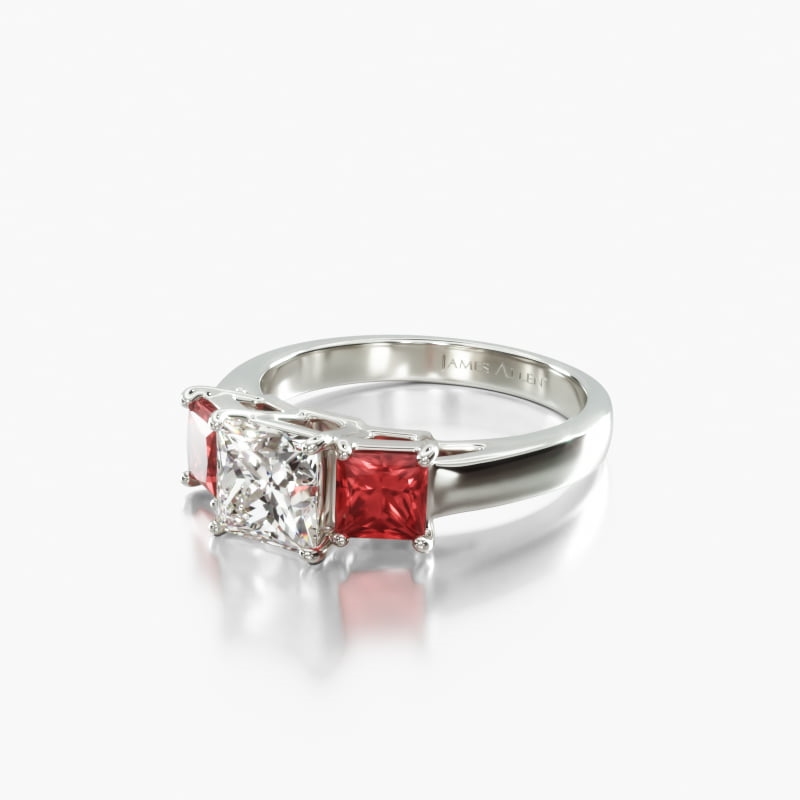 14K White Gold Three Stone Princess Shaped Ruby Engagement Ring
