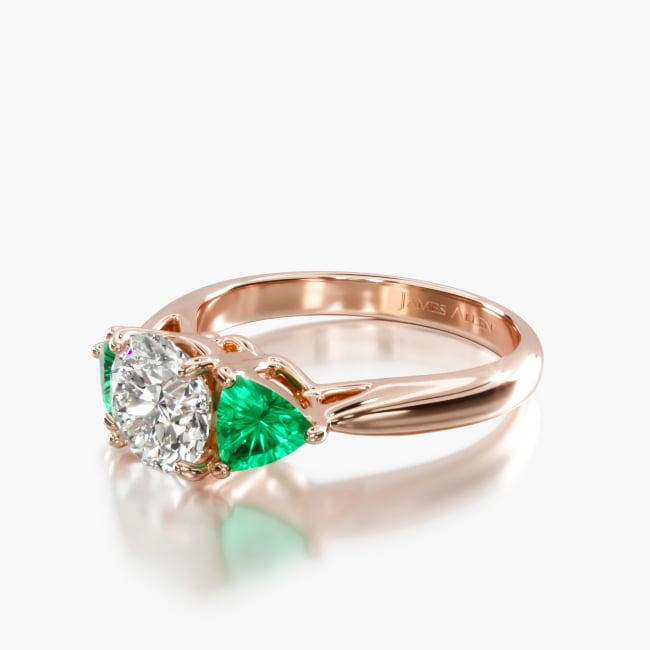 14K Rose Gold Three Stone Trillion Shaped Emerald Engagement Ring