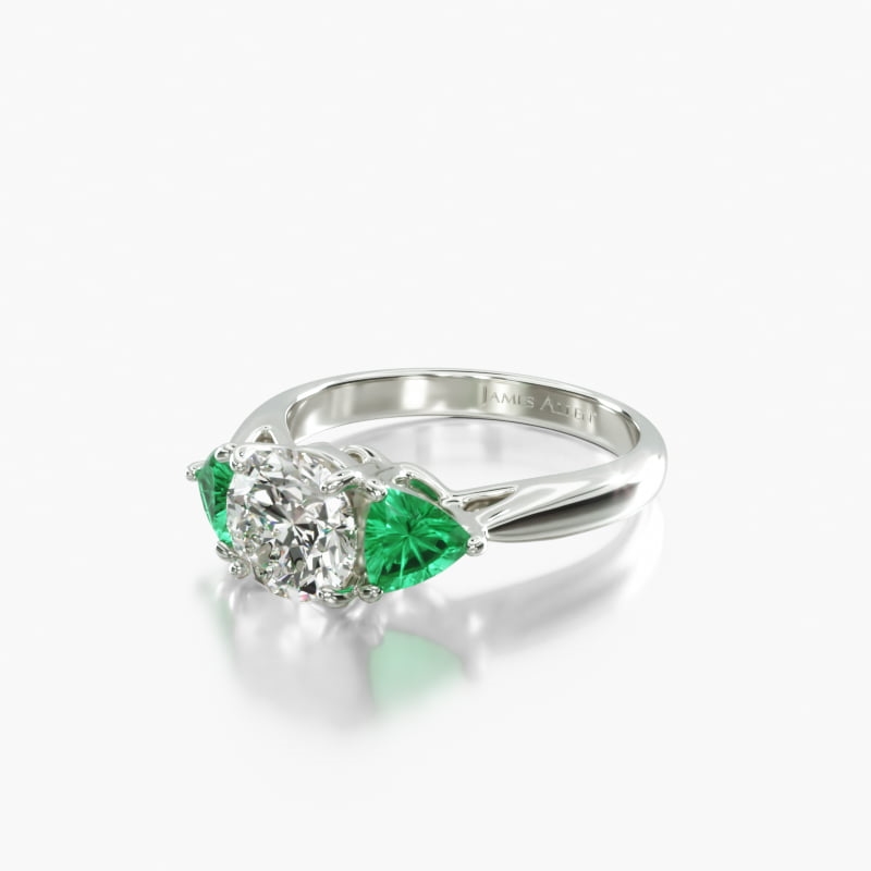 14K White Gold Three Stone Trillion Shaped Emerald Engagement Ring