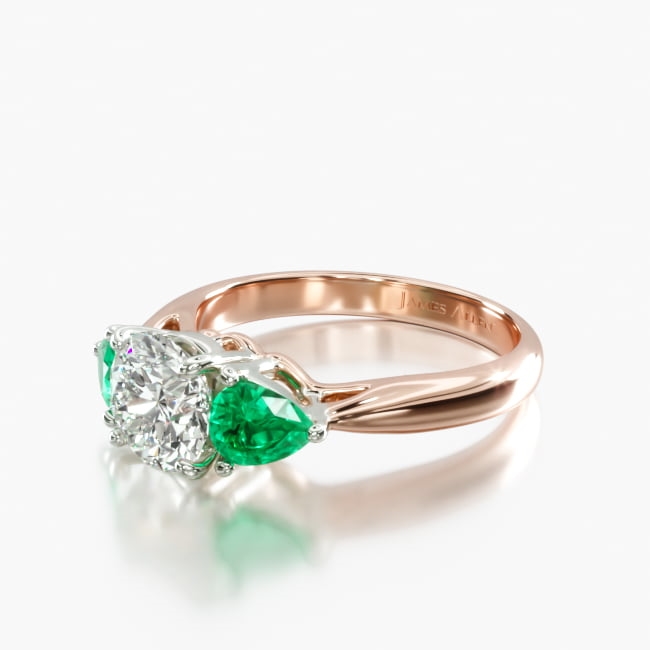 14K Rose Gold Three Stone Pear Shaped Emerald Engagement Ring
