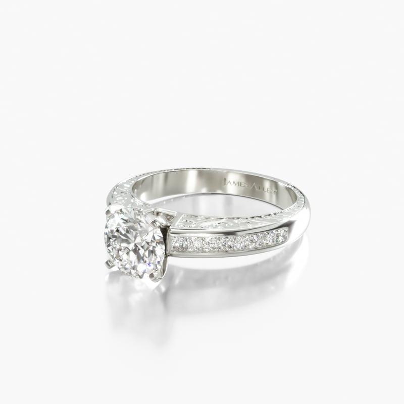 14K White Gold Engraved Princess Shaped Diamond Engagement Ring