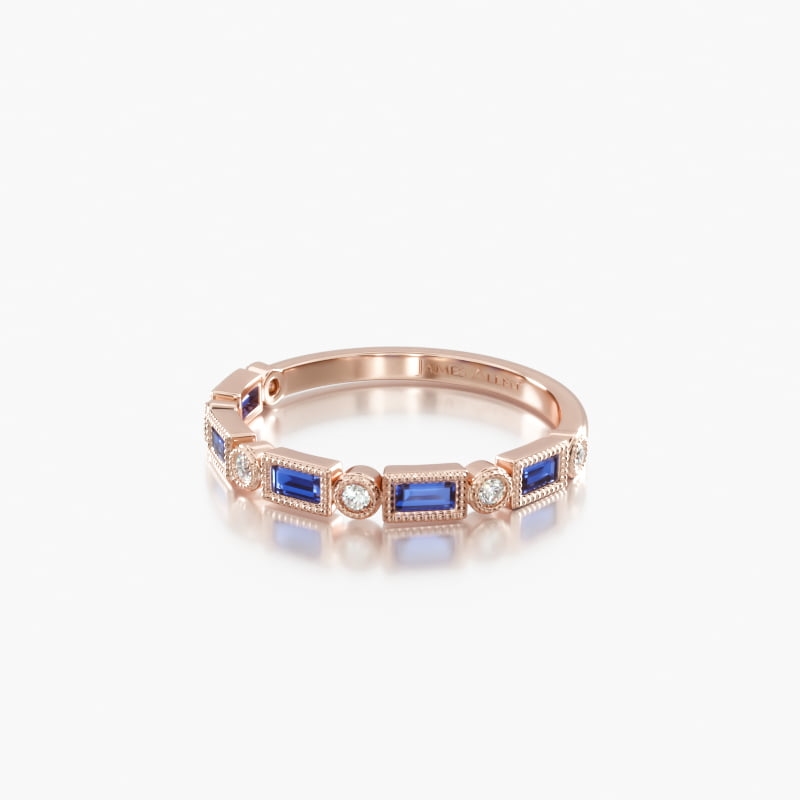 14K Rose Gold Diamond and Sapphire Baguette Milgrain Ring