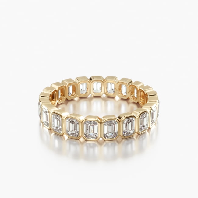 18K Yellow Gold Bezel Set Emerald Cut Diamond Wedding Ring-15158y