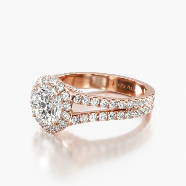 14K Rose Gold Round Split Band Diamond Halo Engagement Ring