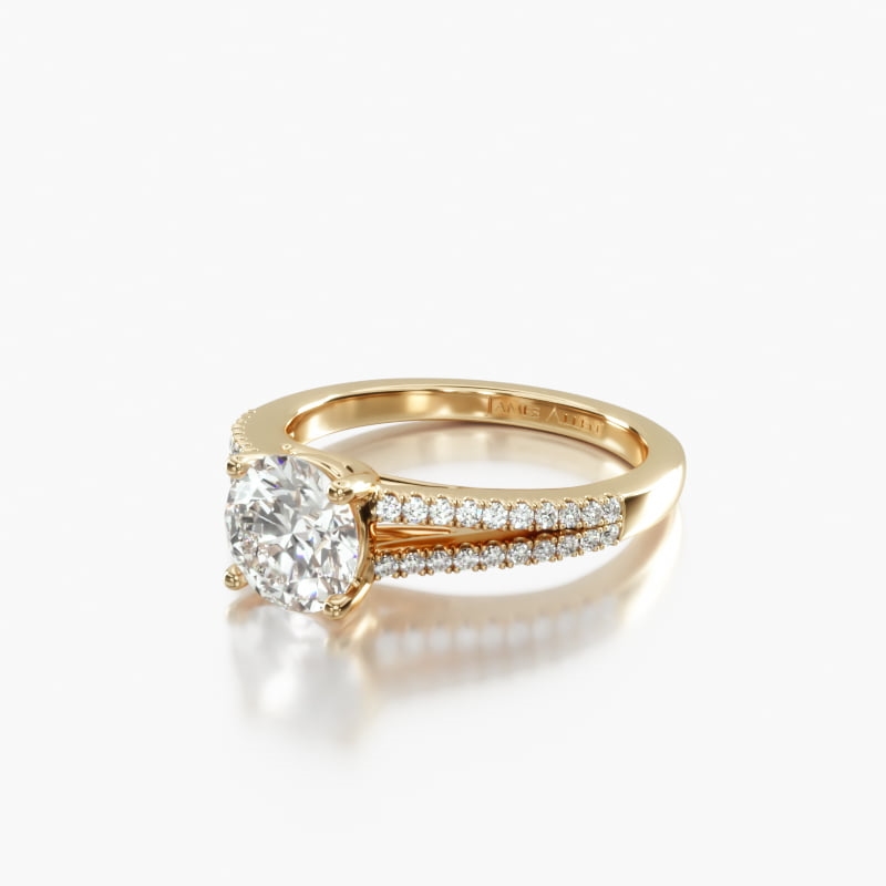 18K Yellow Gold Cross Over Trellis Pavé Diamond Split Shank Engagement Ring