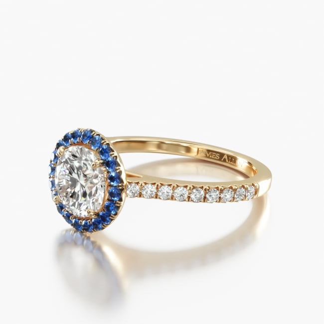 14K Yellow Gold French Cut Pavé Blue Sapphire Engagement Ring