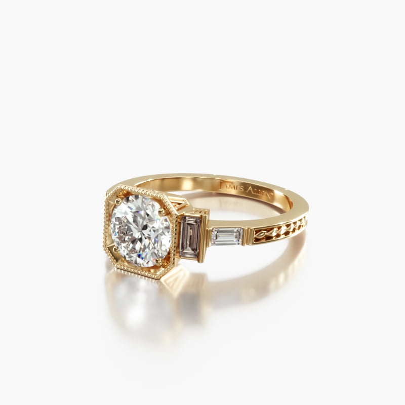18K Yellow Gold Engraved Basket Engagement Ring