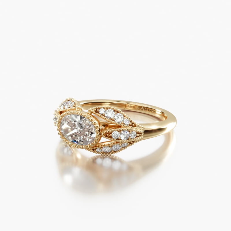 14K Yellow Gold Beaded Marquise Shape Engagment Ring