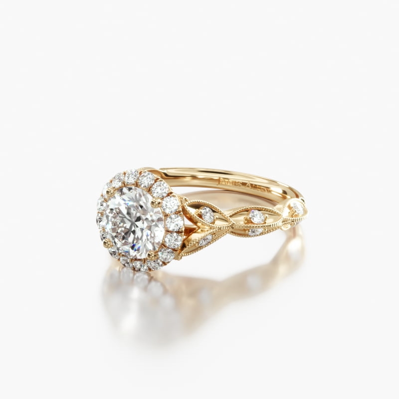 14K Yellow Gold Milgrain Navette Halo Engagement Ring