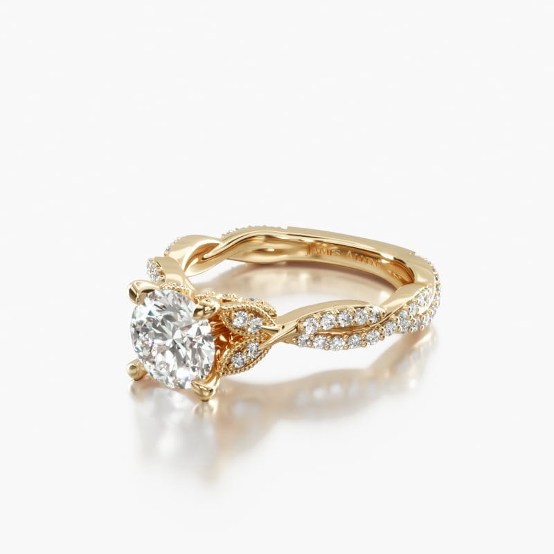 14K Yellow Gold Twisted Pavé Leaf Engagement Ring