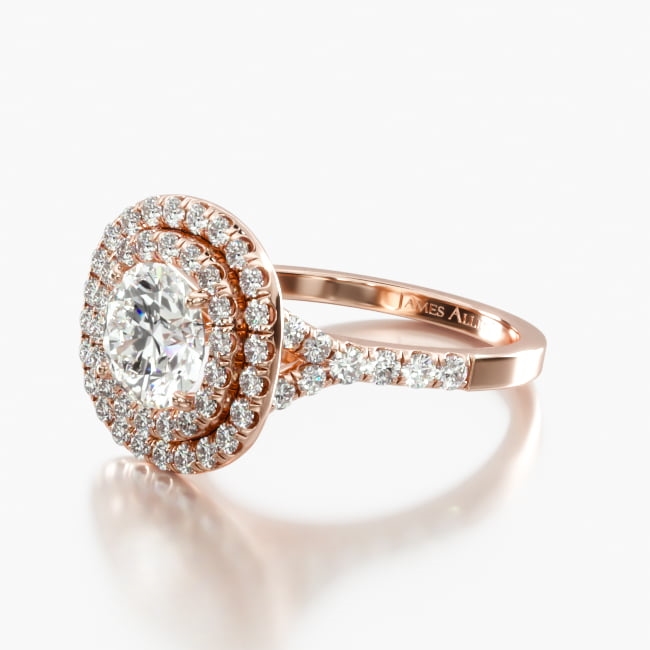 14K Rose Gold Diamond Split Shank Double Halo Pavé Engagement Ring