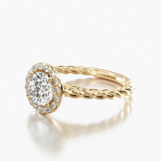 18K Yellow Gold Pavé Halo Cabled Diamond Engagement Ring