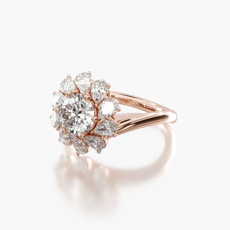 14K Rose Gold Fancy Pear Shape Whirling Halo Diamond Engagement Ring ...