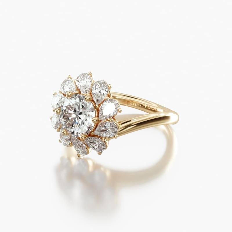 18K Yellow Gold Fancy Pear Shape Whirling Halo Diamond Engagement Ring