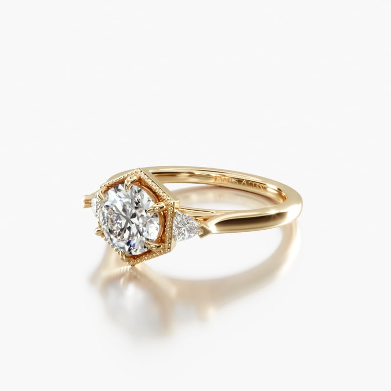 18K Yellow Gold Hexagonal Trilliant Side Stone Diamond Engagement Ring