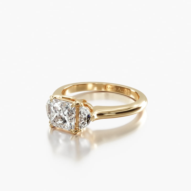 14K Yellow Gold Half Moon Three Stone Diamond Engagement Ring 18037y14