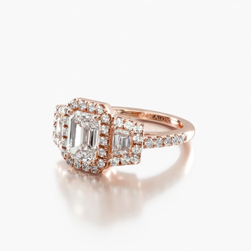 14K Rose Gold Framed Trapezoid Three Stone Diamond Engagement Ring