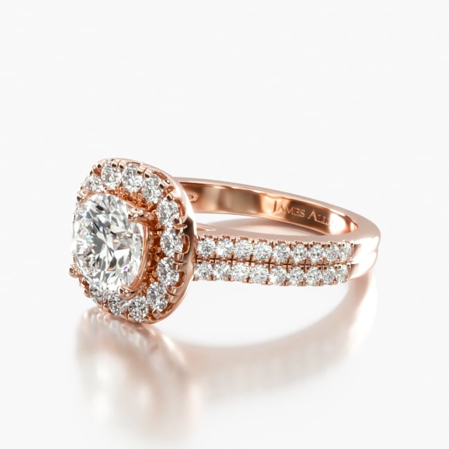 This striking ring features a lavish halo of sparkling diamonds and a double shank for double glamour. This engagement ring is bold, elegant and unforgettable.