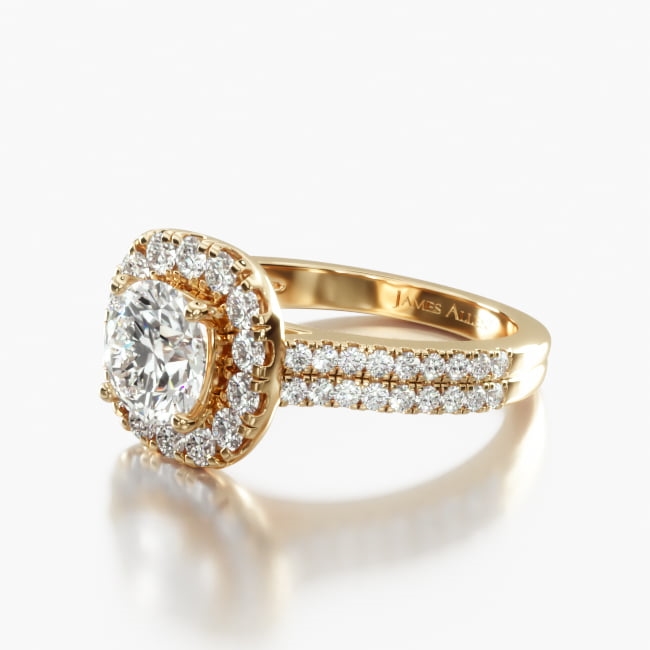 This striking ring features a lavish halo of sparkling diamonds and a double shank for double glamour. This engagement ring is bold, elegant and unforgettable. *Number of diamonds and total carat weight listed on the product information is based on a 1 ct. center stone. Please note that the number of diamonds and total carat weight may vary according to the size and shape of the center stone.