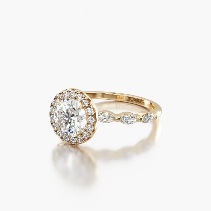14K Yellow Gold Marquise Row Diamond Halo Engagement Ring