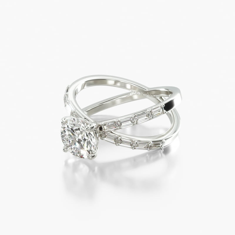 18K White Gold Criss-Cross Baguette Diamond Engagement Ring