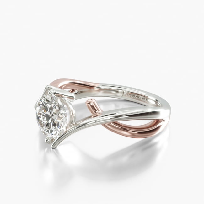 This dynamic design features two ribbons that branch out and gracefully interlock to meet the center stone of your choice in a north-south setting. The two tone gold creates contrast for an additional stricking element in this solitaire ring.
