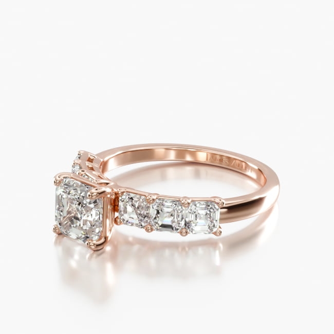 14K Rose Gold Asscher Cut Side Stone Diamond Engagement Ring