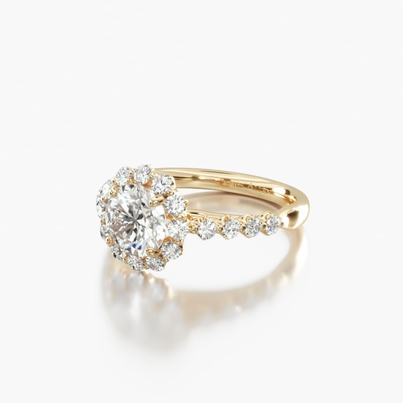 14K Yellow Gold Scalloped Cathedral Halo Diamond Engagement Ring