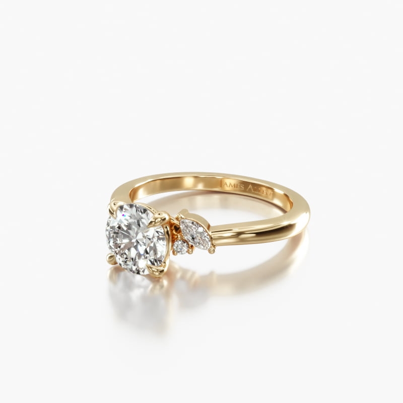 14K Yellow Gold Marquise and Round Diamond Wave Engagement Ring