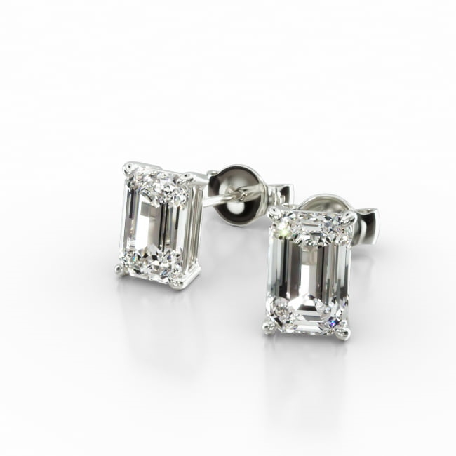 14K White Gold Emerald Cut Diamond Stud Earrings (Mounting)