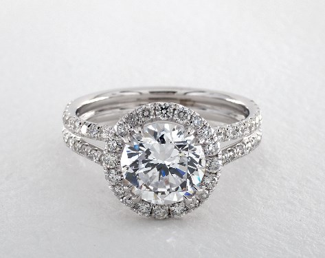 14K White Gold Double Shank Pavé Halo Engagement Ring