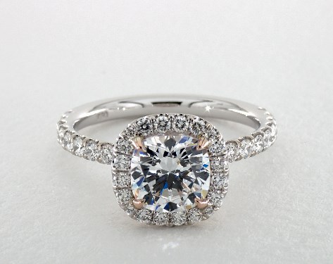 18K White Gold Pavé Halo Engagement Ring Accented with Rose Gold