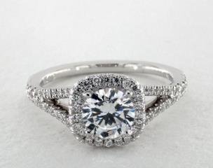 The brilliance and sparkle of this split shank engagement ring showcases the intrinsic appeal of a classic halo design. A Flyer Fit exclusive design that is crafted to allow the engagement ring and wedding band to fit perfectly flush with a variety of wedding bands.