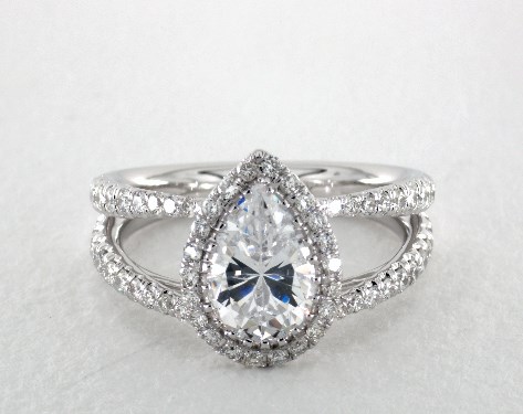 Platinum Double Shank Pear Halo Engagement Ring
