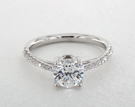 18K White Gold Floral Basket Tapered Pavé Engagement Ring