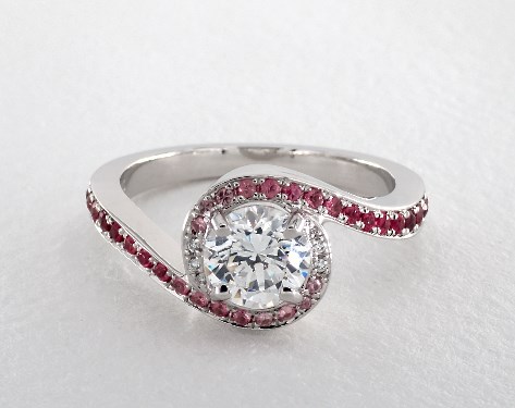 14K White Gold Ruby and Diamond Swirl Pavé Halo Engagement Ring
