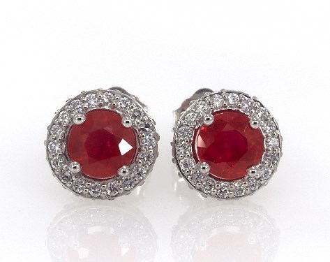 14K White Gold Ruby and Diamond Falling Edge Pavé Halo Earrings