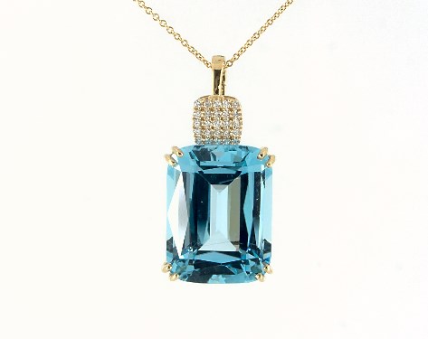 18K Yellow Gold Emerald Shaped Blue Topaz and Pavé Diamond Necklace (0.21 dctw.)