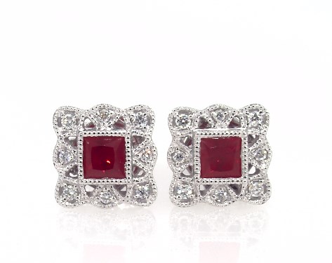 Earrings Gemstone 14k White Gold Princess Cut Ruby And Earrings Gemstone 14k White Gold Princess Cut Ruby And Diamond Item 62091
