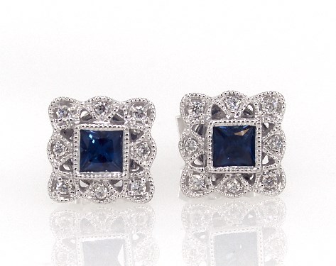 Fine Jewelry Gemstone Earrings 14k White Gold Princess Cut Blue Fine Jewelry Gemstone Earrings 14k White Gold Princess Cut Blue Shire And Diamond Item 62465