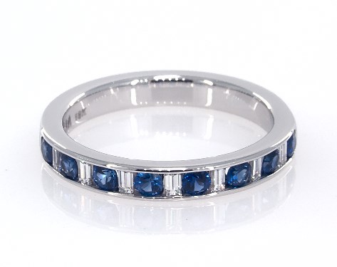18K White Gold Sapphire and Baguette Diamond Anniversary Ring