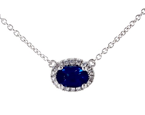 Image result for 18K WHITE GOLD EAST-WEST SET OVAL HALO SAPPHIRE AND DIAMOND NECKLACE (6.0X4.0MM)