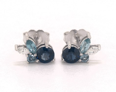 14K White Gold Sapphire and Blue Zircon Cluster Earrings