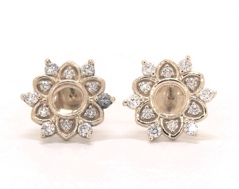 14K Yellow Gold Starburst Lotus Diamond Earrings