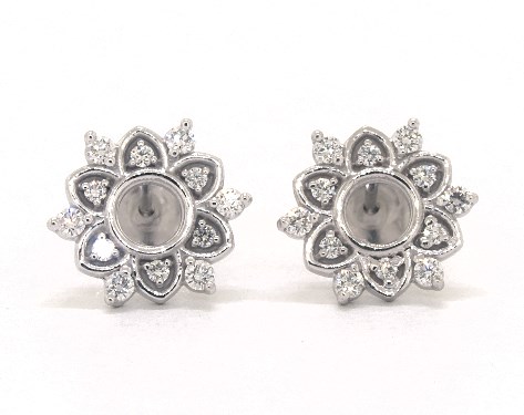 14K White Gold Starburst Lotus Diamond Earrings
