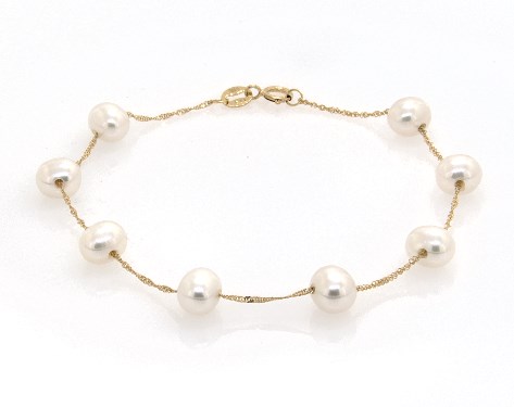 14K Yellow Gold Freshwater Cultured Pearl Station Chain Bracelet (6.0-6.5mm)