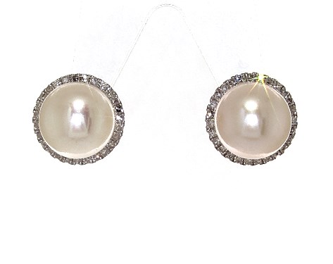 14K Yellow Gold Freshwater Cultured Pearl and Diamond Halo Earrings (8.0-8.5mm)